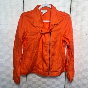 Cynthia Rowley Linen Moto Jacket Medium Orange Asymmetrical Zip Lightweight